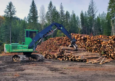 Skemxist Solutions Equipment Power Clam Hydraulic Log Loader Stacking Logs at Log Sort Yard